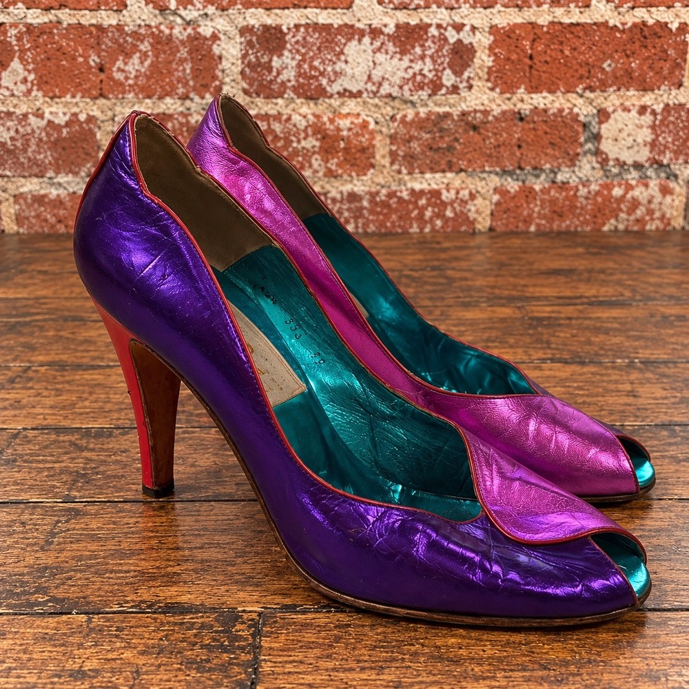 Vintage 80s Donald J. Pliner Metallic Peep Toe Pumps 39 Glam Disco Colorblock